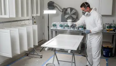 Professional cabinet painting in Tacoma WA using spray techniques for smooth, durable kitchen finishes
