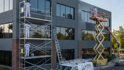 Professional commercial painters finishing office exterior in Tacoma, WA for durable business appeal
