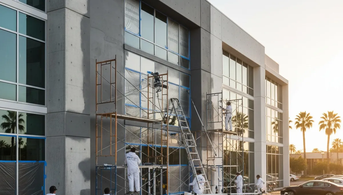Professional commercial painters working on Tacoma WA office exterior repaint project