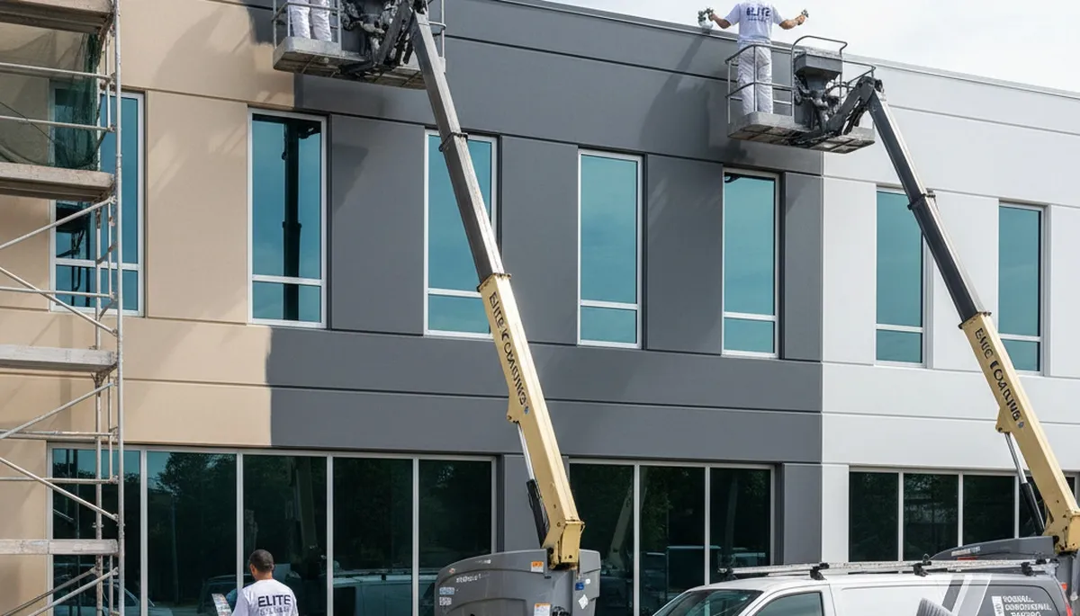 Professional commercial painters finishing office exterior in Tacoma, WA