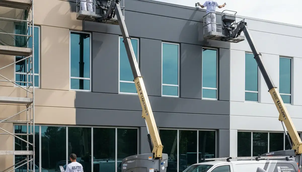 Professional commercial painters finishing office exterior in Tacoma, WA