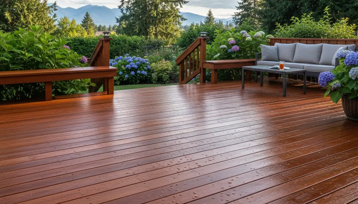 Finished deck staining in Tacoma, WA highlighting restored wood grain and durable weather protection