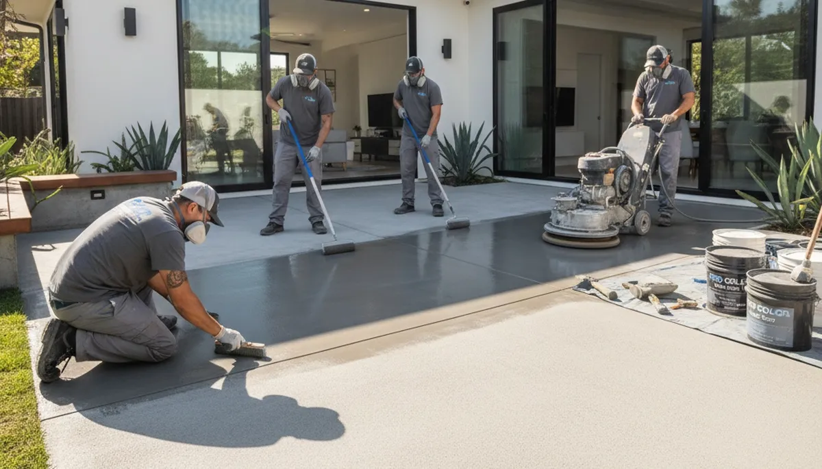 Professional concrete staining on Tacoma WA patio with durable, weather-resistant finish