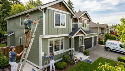 Professional house painters working on residential exterior in Tacoma, WA