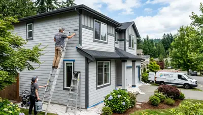 Professional house painters working on exterior home repainting in Tacoma, WA