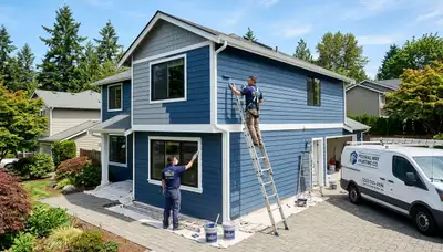 Professional house painters working on residential exterior in Tacoma WA