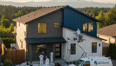 Professional house painters working on home exterior in Tacoma, WA