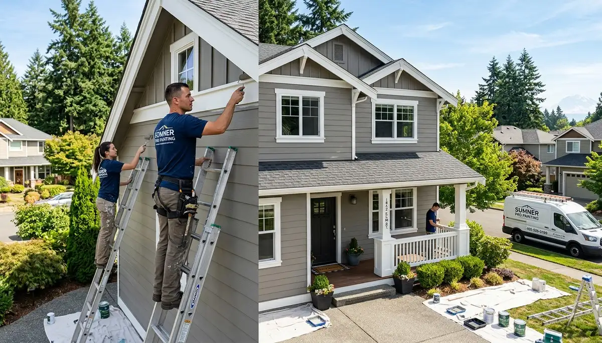 Professional house painters working on exterior home in Tacoma, WA