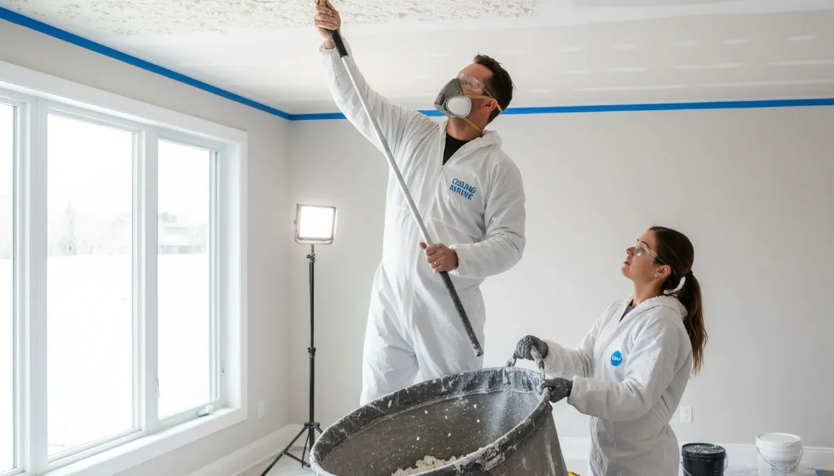 Technician removing popcorn ceiling in Tacoma, WA home with dust-free professional painting prep