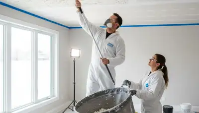 Technician removing popcorn ceiling in Tacoma, WA home with dust-free professional painting prep