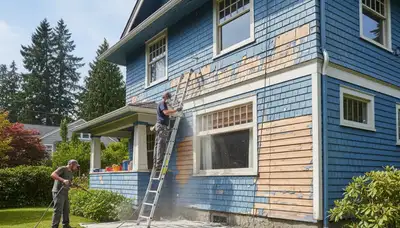 Painter sanding exterior siding for surface prep before painting a Tacoma WA home exterior