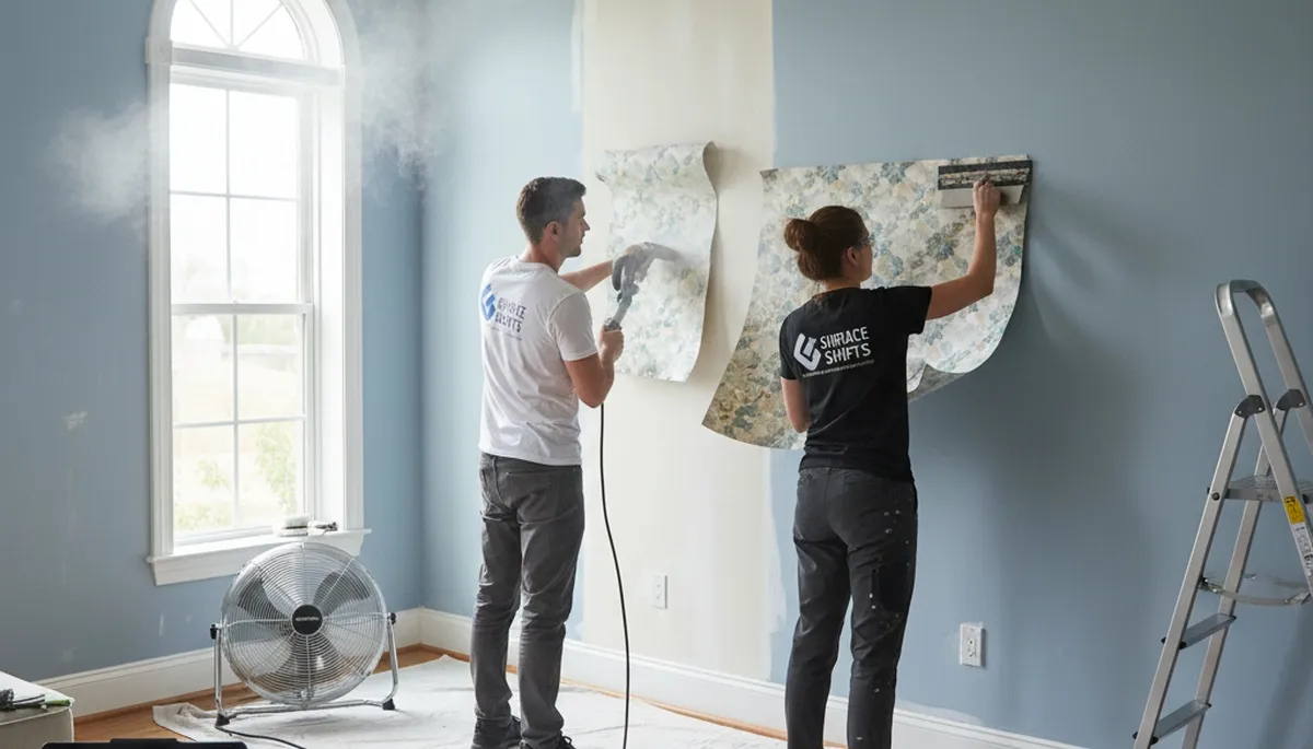 Professional wallpaper removal in Tacoma WA home by expert house painters ensuring clean wall finish